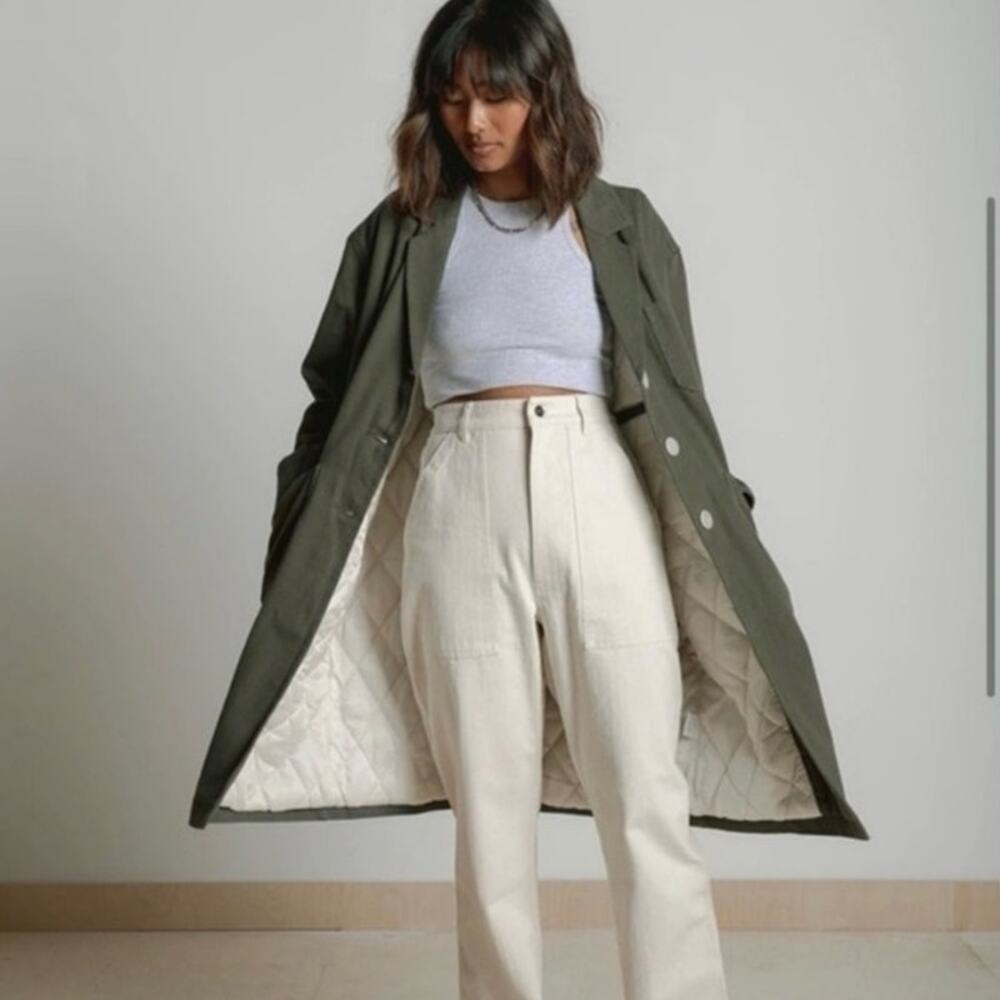 P&Co Janitor Coat olive green canvas trench jacket oversized UK grunge 10